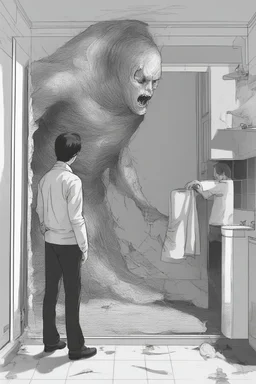 a man looking into a shattered bathroom mirror and seeing a horrifying, abstract deranged monster in his reflection