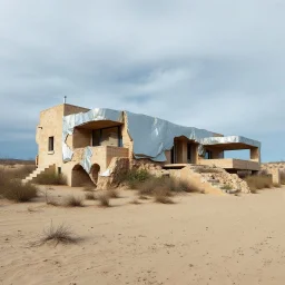 Fotografia sublime di una villa moderna brutalista con alluminio riflettente. La struttura è erosa e inglobata dal paesaggio naturale, come se il tempo o l'ambiente avessero iniziato a "riassorbirla". L'atmosfera è desolata e surreale, con un ambiente circostante spoglio e sabbioso hasselblad h6d400c