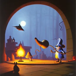 The Grim Reaper, a plague doctor and a mouse, in Lollipop world, considering the future of the universe, art by Ralph McQuarrie