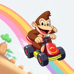 vector Cartoon Donkey Kong riding a rainbow in a kart