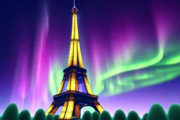 Eiffel tower but bigger and made from diamonds , aurora , flying cars