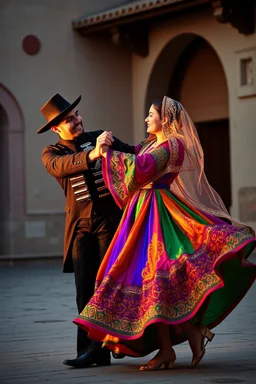 A dynamic and joyful photo of a young Azerbaijani couple performing a traditional dance, captured in a moment of graceful movement. The man wears a black 'Papakha' (wool hat) and a fitted 'Chokha' (folk coat) with ornate silver cartridge cases on the chest. The woman wears a vibrant, colorful silk dress with a full, flowing skirt, a beautifully embroidered veil, and delicate gold jewelry. They are dancing in a historic courtyard in Baku at sunset, with warm, golden hour light illuminating the sc
