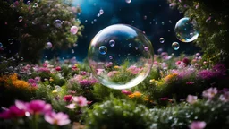 A luscious garden floating in space, where flower petals glow with the colours of distant galaxies. Many giant transparent bubbles hover above, containing miniature gardens thriving in weightlessness. Beautiful award-winning photograph, 80mm focal length, rule of thirds.. Award-winning photograph, 80mm focal length, chiaroscuro