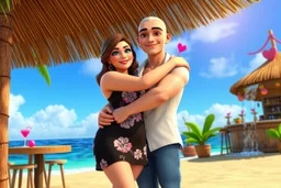 3D video game characters, a brown-haired blue-eyed plus sized woman in a black dress with white and pink flowers hugging a bald silver haired thin man with brown eyes, wearing white shirt and jeans at the beach in sunshine, tiki bar, cocktails, hearts, waterfall, happiness