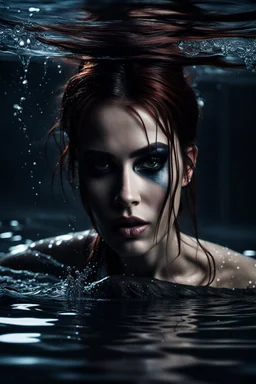 A beautiful Goth girl, dark black makeup, dark under eyes, auburn hair with black stripes, action image of her braking water surface, freedom, dramatic, highly detailed, 8k, abstract