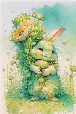 a cheerful cute furry fluffy chibi bunny holding a beautiful big carrot with the green on the green field with flowers S<AI by Jean-Baptiste Monge, watercolor and ink, intricate details, fantasy, beautiful, award winning, colorful, fantastic view, crisp quality, in sunshine