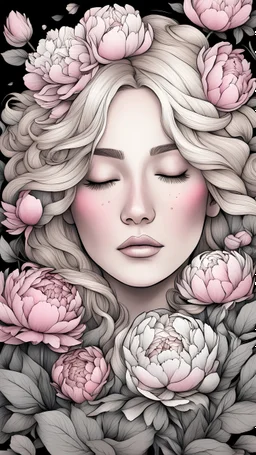 young woman, with blonde hair, a coloring page of a beautiful bouquet of peonies all around her face, her eyes are closed and dreaming peacefully, only her face shows, her face covered by the bouquet of peonies, with a black background, clear outline, no shadows, sketch colors, 4k