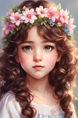 a painting of a little girl with a flower crown on her head, curly brown hair, realistic cute girl painting, realistic anime style at pixiv, kawaii realistic portrait, realistic anime art style, realistic anime artstyle, fairy cgsociety, carlos ortega elizalde, realistic anime 3 d style, detailed portrait of anime girl, semirealistic anime style, photorealistic anime girl render