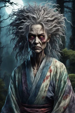 full color front facing portrait of a malevolent female Yama Uba witch in a torn and ragged kimono with highly detailed shaggy hair , aged emaciated, and withered facial features, in a haunted mountain forest, pierced by shafts of moonlight , 8k , finely detailed and precise line work, soft natural Spring colors