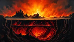 In the depths of the underworld, three levels of hell are depicted in vivid detail: Hades, Gehenna, and Tartarus. A cross-section reveals a dark and foreboding landscape, sharp angles cutting through the fiery pits and twisted caverns. This chilling image is a painting of exceptional quality, each level presenting a unique and terrifying vision of eternal damnation. The viewer is drawn into the depths of despair, where agony and torment reign supreme.