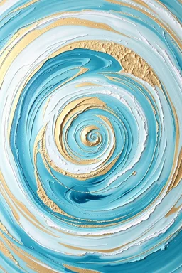 Painting Description: Swirling shades of turquoise, gold, and white form concentric circles that appear to move outward like ripples on water. The textures alternate between smooth and jagged, creating a sense of disruption and harmony.