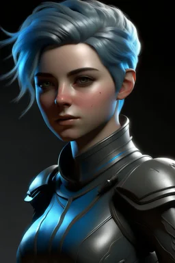 create a female air genasi from dungeons and dragons, dark gray short hair, light blue eyes, wind like hair, wearing hot leather clothing, realistic, from waist up, digital art, high resolution, strong lighting