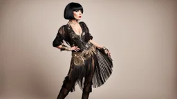 Full Body, burlesque dancer looking to the right, With A Bob With A Fringe Hairstyle, 1920s clothing, Steampunk,