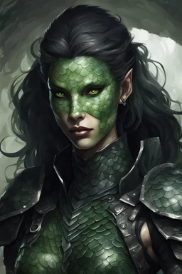 female snake humanoid, full body, wearing a black leather armor, green scales on the face, dungeons and dragons