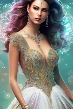 photo realistic painting ((full body)) ((stunningly attractive)) a woman sitting on a majestic chair , ((perfect feminine face)), (colorful wavy hair),, glitter, wearing a dress, intricate, 8k, highly detailed, volumetric lighting, digital painting, intense, sharp focus, sitting on a majestic luxury comfort