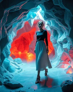 make a picture pretty cave made of crystal diamond 3d fractal recursive cubic and sphere base structures and a beautiful fashion model lady with cute,with dark cyan decholte top and pretty pleated midi skirt,siver she walks in cave ,dynamic camera zoom to full body and fallow her inside cave dynamic lights.