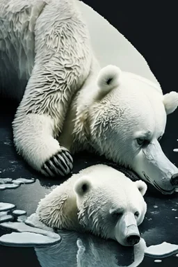 polar bear melting into a puddle, hyper realistic photography, detailed expression of agony, hyper realistic fur and anatomy details, Takeshi Kawano style, dark colour tone, epic colour treatment, cinematic colour treatment, meticulously intricate perfectly symmetrical extremely detailed, pixiv daily ranking, pixiv, extreme depth of field, artstation, sculpture style, spectacular details, volumetric lighting, masterpiece, cinematic, Hollywood production, 8k resolution, high definition, max octan