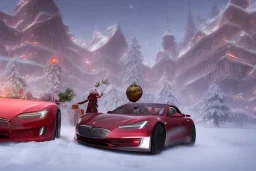 Santa claus driving his red Tesla convertible car, character design by cory loftis, fenghua zhong, ryohei hase, ismail inceoglu and ruan jia. unreal engine 5, artistic lighting, highly detailed, photorealistic, fantasy