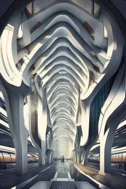 modern futuristic architectural structures of metro station in 2100