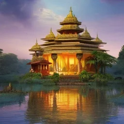 highly detailed indian lake with temple and lotus landscape with jungle, sunset, illustration, cinematic lighting, 4k, 8k, octane render, digital concept art, trending on artstation, pinterest, extremely detailed, ambient lighting.