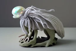 Little sculpture of a strange creature made with concrete and driftwood and mother-of-pearl and low voltage filament lit with knitted scarf