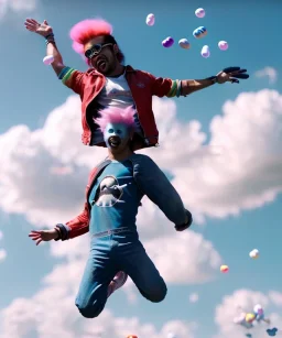 Ultra realistic clouds sky scene, wide angle, sweet childs falling down, man playing guitar, inflatable color clothing, free jumping flying, many trinkets, monster hair, hair monster, many jelly beans, balls, smile, happy, circus style, extreme, wind, clouds sea, 20,000 feet altitude, stratosphere, soft color, highly detailed, unreal engine 5, ray tracing, RTX, lumen lighting, ultra detail, volumetric lighting, 3d, finely drawn, high definition, high resolution.