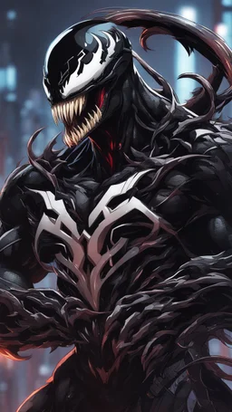 Venom mix with machine in solo leveling shadow artstyle, cyberpunk them, intricate details, highly detailed, high details, detailed portrait, masterpiece,ultra detailed,best quality