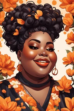 Create a expressionism cartoon art style image of a plus size black female looking down with a smile on her face. Prominent makeup with hazel eyes. Highly detailed messy curly bun with a hair scarf tied on her head with large orange magnolia flowers surrounding her. 2k