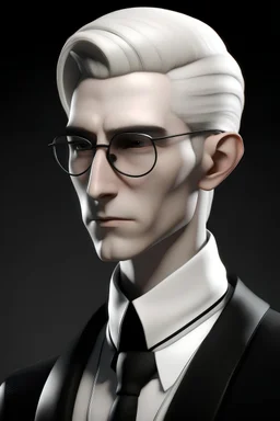 a pale highelf male with short platinum slicked back hair. he has a serious gaze but is young and handsome. he wears thin black rectangle glasses and a black and white business suit.
