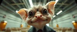 extreme close up on cheeky fluffy weasel gremlin news anchor elf family scumbag in the style of Escher and Giger and Fallout 4, pinhole cam, airbrush 3d rendering, on tv screen:A five-second cinematic single take in a clean industrial presentation hall.