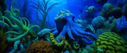 An indigo underwater reef with an octopus designed in African masks painted by Paul Gauguin