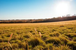 clearing next to a fallow field, sunny afternoon, product photo setting, mid-level horizon, taken from 15 feet up