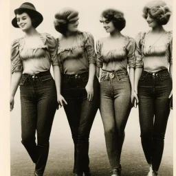 Four Ziegfeld Girls on jeans walking