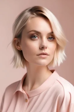 short and blond hair beautiful woman, 30+ years-old, who works in fashion, light pink background and serious vibe, for movie poster