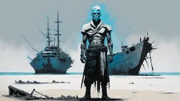 ((three)) determined cyberpunk warlord (wearing white khiton) standing in front of a boat wreck on a radioactive beach, acrylic painting, minimal art, centered, wild sparse brushstrokes, amazing verticals, great parallels, low bleak colors of gray, blue and black, excellent negative space contrasts