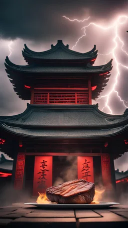 牛排在中国古建筑前被煎烤 飞起来 闪电