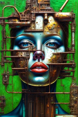 an abstract painting of rusted futuristic skyscrapers, by lucian freud, rust, scaffolding, iron cladding, decay, mixed media, textured, anatomically correct, beautiful woman perfect face, green eyes, sharp focus, highly detailed. desolate background