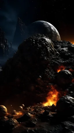 molten dark rocks and pebbles of various sizes merging together as a rocky volcanic planet in darkness with chunks of small rocks of various sizes, dust, and explosions of magma mixed with ash hurtling outward surrounded by distant stars in a vast universe