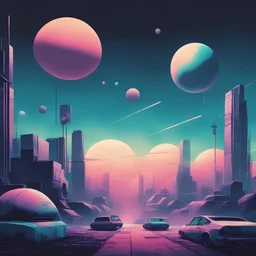 hitoshi art style high quality low color tones, retro futuristic, minimal urban landscape and sky, planets, , 80s art, highly detailed air spray paint, Lofi, high quality, grim,