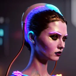 pretty cyber woman, cold ambient, latex, cables, purpurin, blood, black, hologram lights, gold, piercings, brown, decorative color feathers, circuits, neon style, a lot of led lights, fog, rain, vibrant color, highly detailed, art stations, concept art, smooth, unreal engine 5, god rays, ray tracing, RTX, lumen lighting, ultra detail, volumetric lighting, 3d, finely drawn, high definition, high resolution.