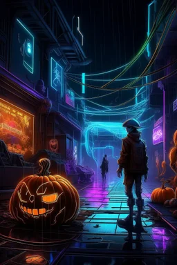 "Create an AI art piece that blends the eerie enchantment of Halloween with a futuristic twist. Picture a cyberpunk-themed Halloween night, where neon lights and holographic jack-o'-lanterns illuminate the streets, and supernatural beings meet cutting-edge technology."