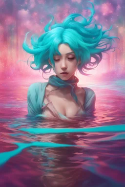 A stunning Anime girl suspended in a kaleidoscope of colors, captured in a photorealistic, cinematic photograph, as if plucked from a dream sequence. Her vibrant turquoise hair flows like a river, contrasting with the muted, earthy tones of her skin, set against a gradient of iridescent pinks and purples, evoking a sense of ethereal mysticism. Soft, cinematic film grain textures the image, infusing it with a sense of nostalgic warmth, as if lit by the flickering lights of a vintage cinema.