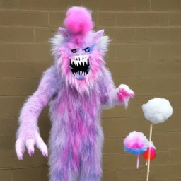 cotton candy werewolf with candies and lollipops, sharp teeth, evil