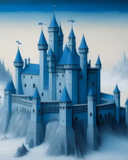 A grayish blue castle on a glacier painted by The Limbourg brothers