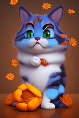 Blue and orange chibi pixar cats with big lifelike eyes and flowers