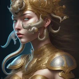 sango fantasy, fantasy magic, intricate, sharp focus, illustration, highly detailed, digital painting, concept art, matte, artgerm and paul lewin and kehinde wiley, masterpiece silver elephant head bronze Asian African girl nice breast Afo hair turquoise sun rain waves