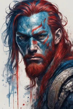 character concept illustration of a long red haired, blue tattooed Pict warrior, , maximalist, sharp focus, highest resolution, in the styles of Denis Forkas , and Masahiro Ito, boldly inked, 8k, coarse, gritty textures