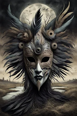 An surreal stunning image of a crepy ritualistic Feathered Mask-face mutant witd dark eyes, pale skin, on creature, with dark muted tones, a grim and weird atmosphere, textured impasto-like effect with ink, intricate details, surreal vibe, expressive focusing, muted tones, gradients, thriller and utopistic mood, in background barren landscape, ruins, dark shadows