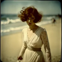 Clara bow on the beach, in the wind, white lace dress, autochrome