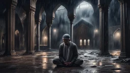 Hyper Realistic Adult-Muslim Guy Crying & Praying-Namaz with-lean-body-language outside an old abandoned dark mosque at dark heavy rainy night showing dramatic & cinematic ambiance.